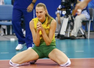 Steinbrecher of Brazil reacts to her team's win in their women's semifinal volleyball match against China at the Beijing 2008 Olympic Games