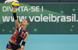 Jordan Larson of the U.S. serves during their World Grand Prix women's volleyball against Germany in Rio de Janeiro