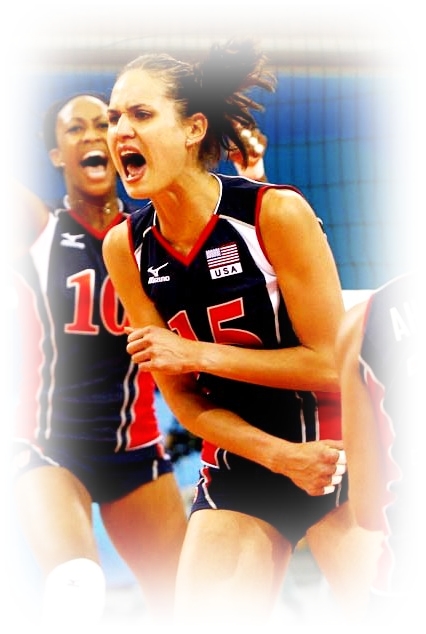 USA's Logan Tom celebrates after winning a point during the game at the Capital Gymnasiumin Beijing, Saturday, August 23, 2008.  Also pictured are Kimberly Glass, #10, and Robyn Ah Mow-Santos, #11.. USA was defeated by Brazil 3-1.  Scores of the games were 15-25, 25-18, 13-25, 21-25. The silver is the first Olympic medal in women's volleyball since the bronze won at the 1992 Barcelona Olympic Games and the first silver since the 1984 Los Angeles Olympic Games. Tom, a  27-year-old volleyball star was a two-time state champion and valedictorian at Highland High School who was named the national player of the year as a senior and a four-time All-American at Stanford.  Chris Detrick/The Salt Lake Tribune