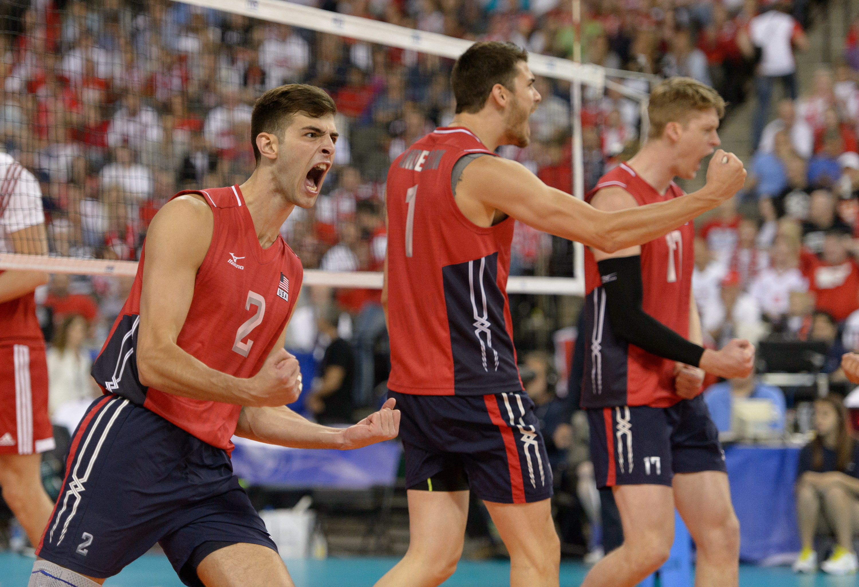 Hoffman Estates, IL, USA, June 12, 2015:  USA’s Aaron Russell (2) during a FIVB Men's Volleyball World League match between the United States and Poland at the Sears Centre Arena. Photographer: Daniel Bartel