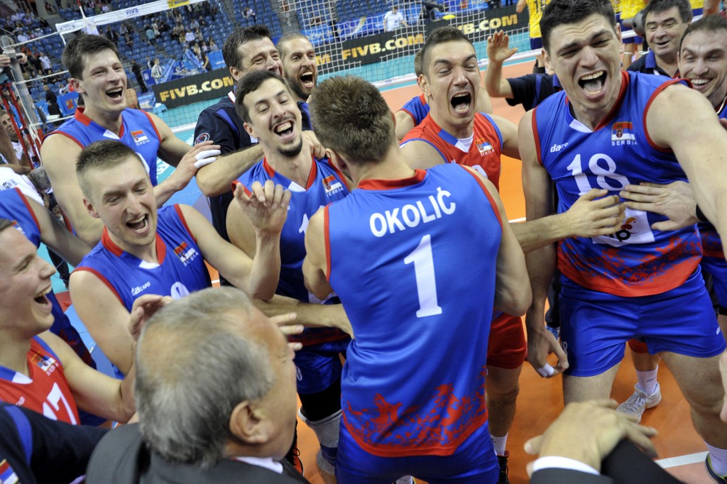 AleksandarOkoliandMarkoPodrascaninofSerbiacelebratingthevictoryoftheirteam