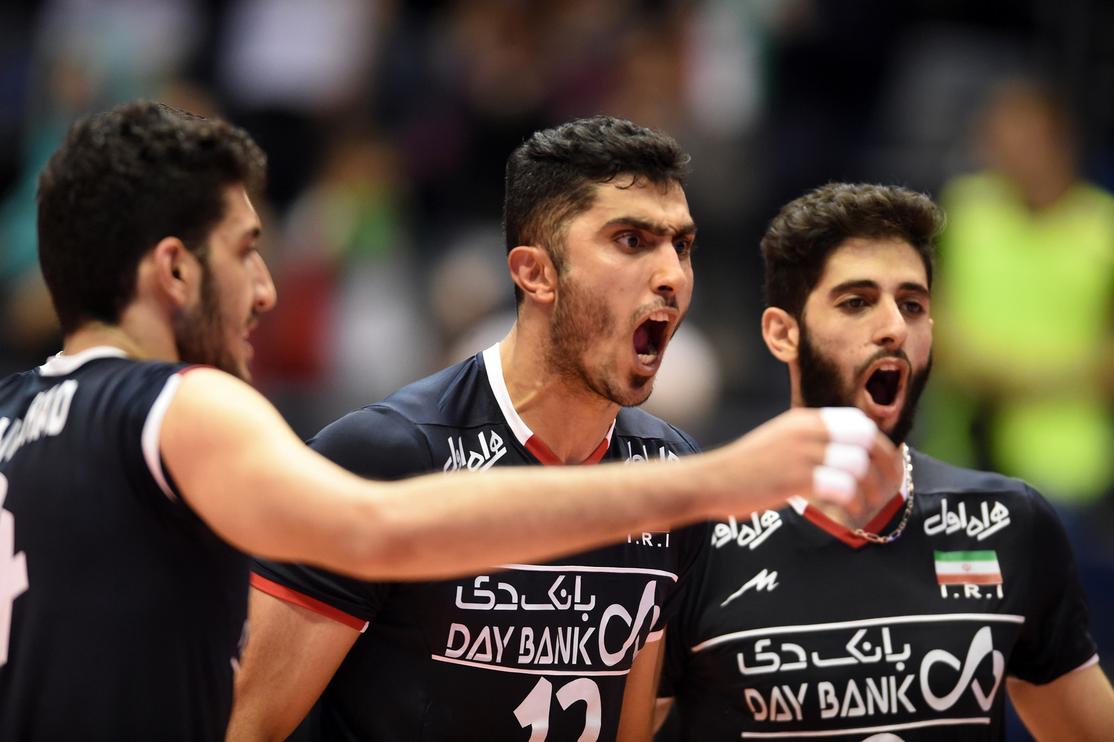 Iran's Mojtaba Mirzajanpour M. and Milad Ebadipour Ghara H. celebrating during the match against Bulgaria